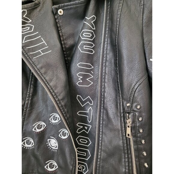 BLUE B Black Vegan Leather Graffiti Punk Moto Jacket w/Studded Accents Size S - Picture 8 of 13